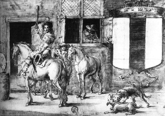 Soldiers with Horses before a House, vintage artwork by Leonaert Bramer, 12x8" (A4) Poster