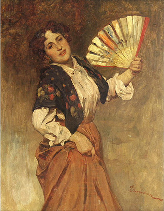 Girl with a Fan, vintage artwork by After Giuseppe Barison, 12x8" (A4) Poster