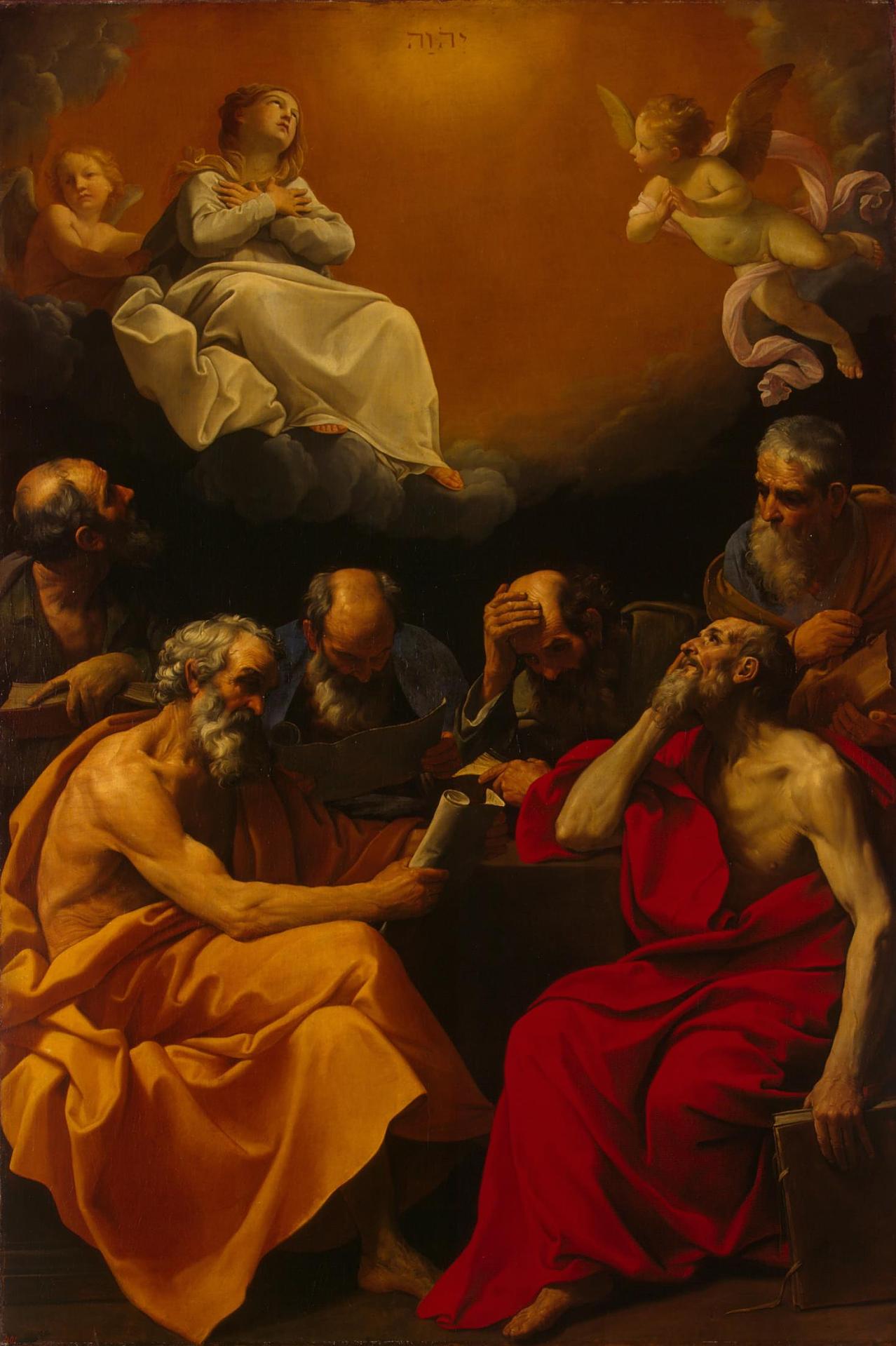 Fathers of the Church Disputing the Dogma of the Immaculate Conception, vintage artwork by Guido Reni, 12x8" (A4) Poster