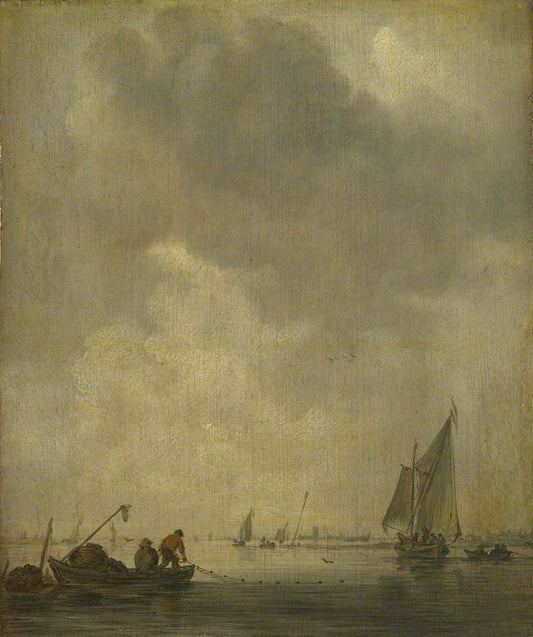 A River Scene with Fishermen Laying a Net, vintage artwork by Jan van Goyen, 12x8" (A4) Poster