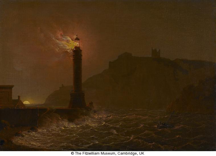 A Lighthouse on Fire at Night, vintage artwork by Joseph Wright of Derby , 12x8" (A4) Poster