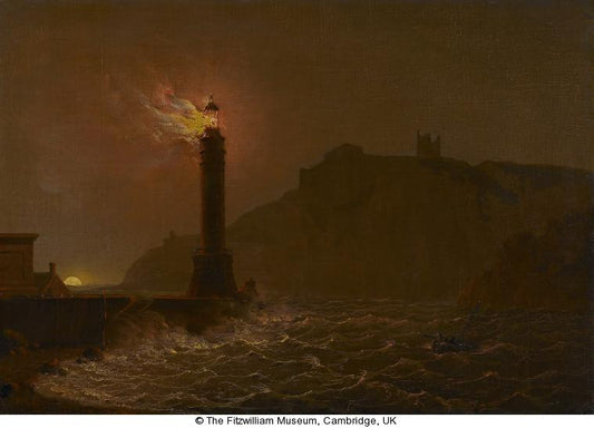 A Lighthouse on Fire at Night, vintage artwork by Joseph Wright of Derby , 12x8" (A4) Poster