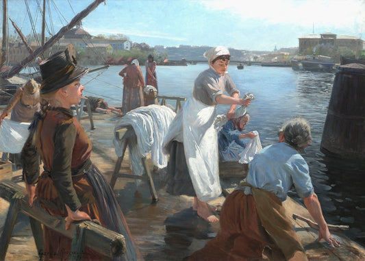 Washerwomen on Strandvagen, vintage artwork by Gerda Roosval-Kallstenius, 12x8" (A4) Poster