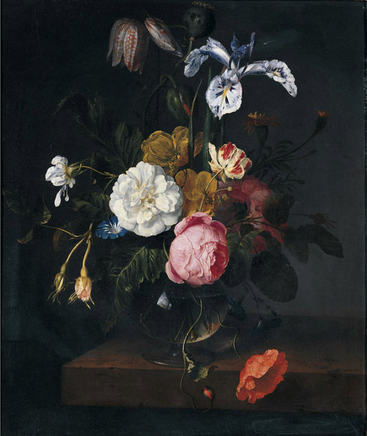 A Still Life of Roses, Poppies, Ranunculus, Fritillaria, Geraniul, Iris, etc., vintage artwork by Cornelis Kick, 12x8" (A4) Poster