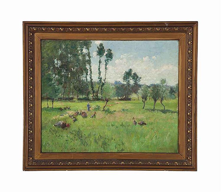 Woman in Fields with Turkeys, vintage artwork by Frank Alfred Bicknell, 12x8" (A4) Poster