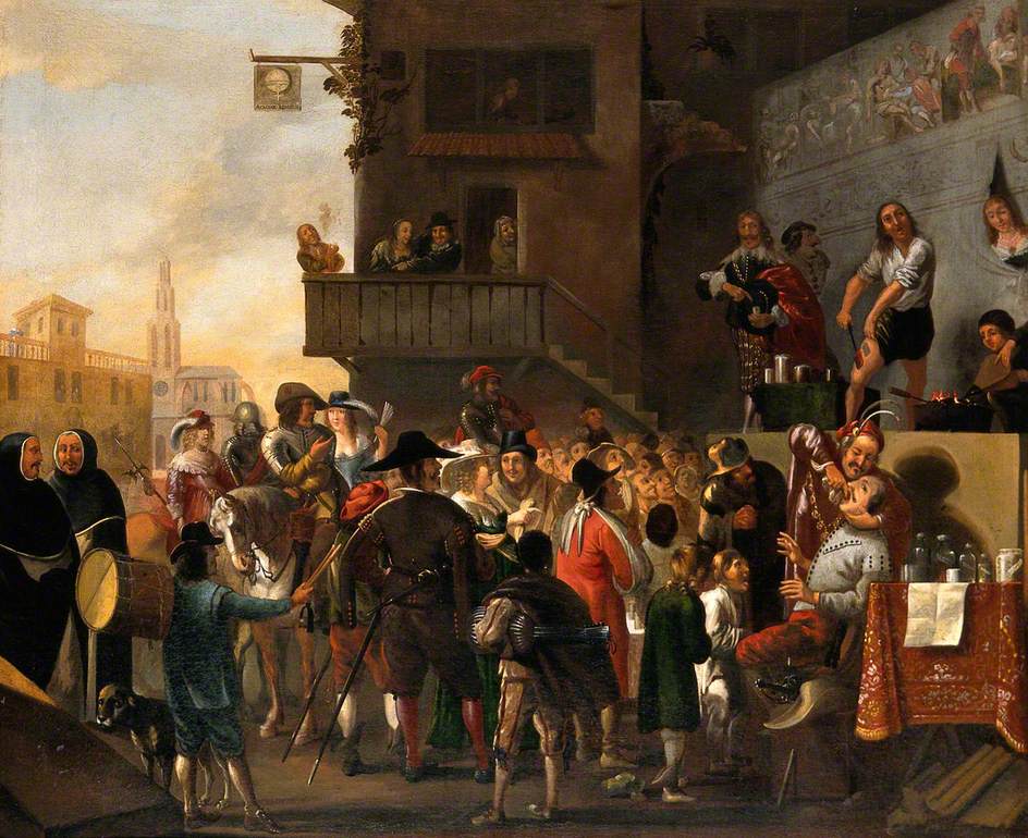 A Crowd Watching a Group of Quack-Doctors on a Stage Outside an Inn, vintage artwork by Flemish School 17th Century - Unknown, 12x8" (A4) Poster