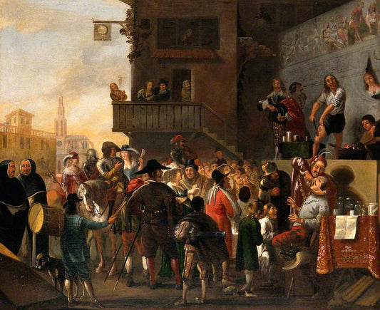 A Crowd Watching a Group of Quack-Doctors on a Stage Outside an Inn, vintage artwork by Flemish School 17th Century - Unknown, 12x8" (A4) Poster