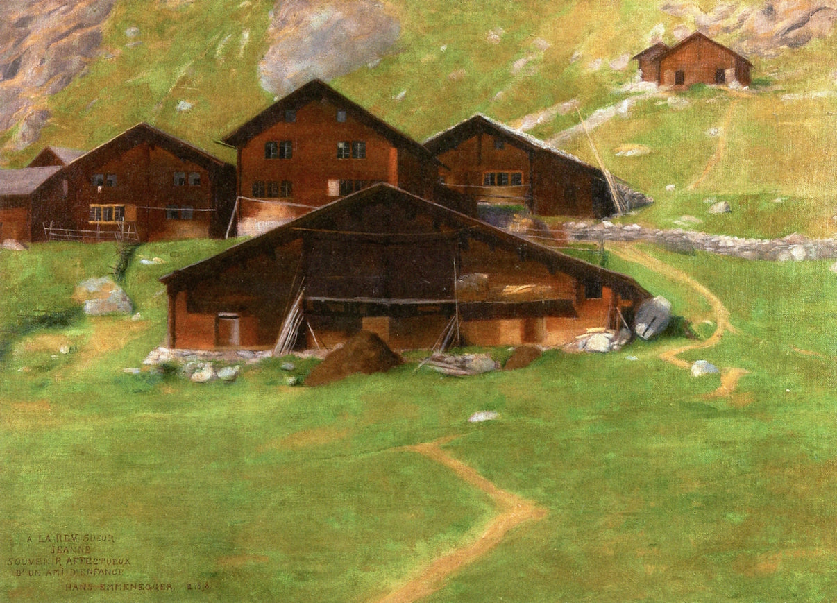 Alpine Log Cabins, vintage artwork by Hans Emmenegger, 12x8" (A4) Poster