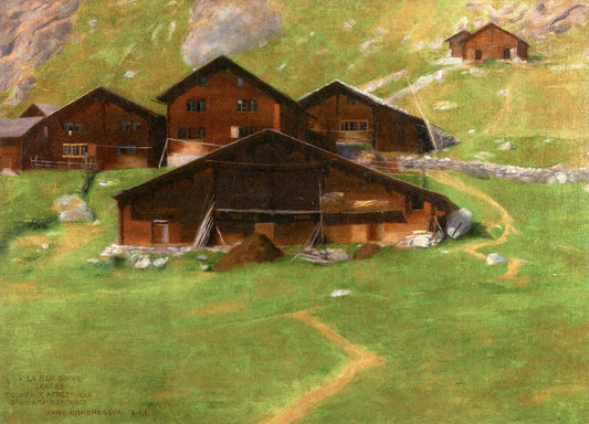 Alpine Log Cabins, vintage artwork by Hans Emmenegger, 12x8" (A4) Poster