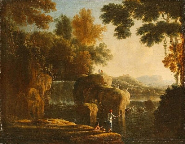 Waterfall with Fishermen, vintage artwork by Attributed to Herman van Swanevelt, 12x8" (A4) Poster