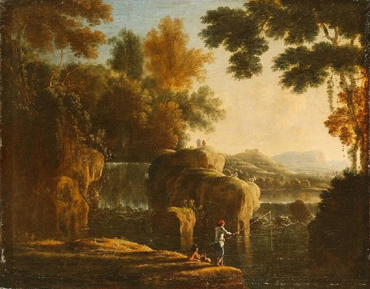 Waterfall with Fishermen, vintage artwork by Attributed to Herman van Swanevelt, 12x8" (A4) Poster