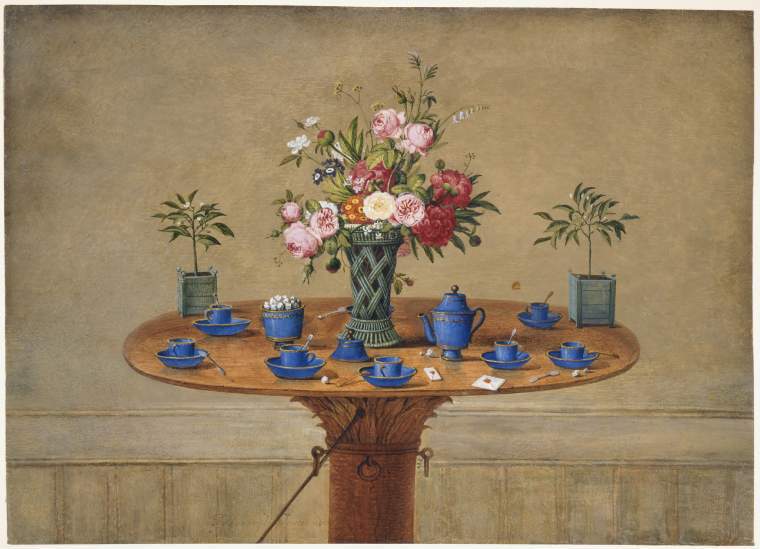 Still life with flowers and teacups, vintage artwork by Jean Louis Prevost, 12x8" (A4) Poster