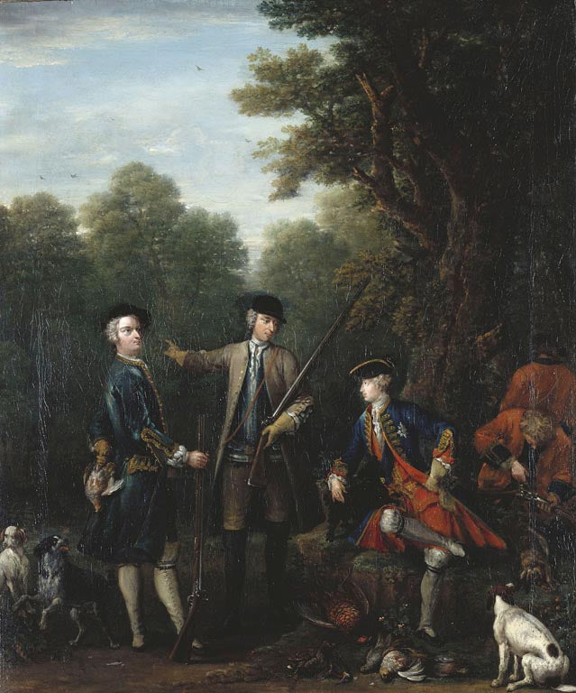 The Shooting Party: Frederick, Prince of Wales with John Spencer and Charles Douglas, 3rd Duke of Qu, vintage artwork by John Wootton, 12x8" (A4) Poster