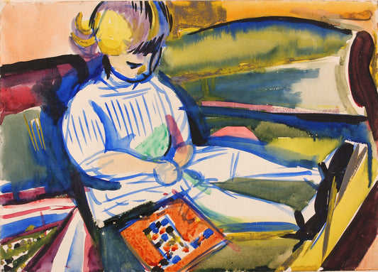 Child on Sofa, vintage artwork by H. Lyman Saÿen, 12x8" (A4) Poster