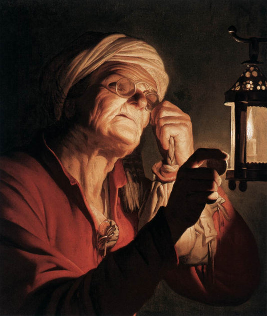 Old Woman Examining a Coin, vintage artwork by Gerard van Honthorst, 12x8" (A4) Poster