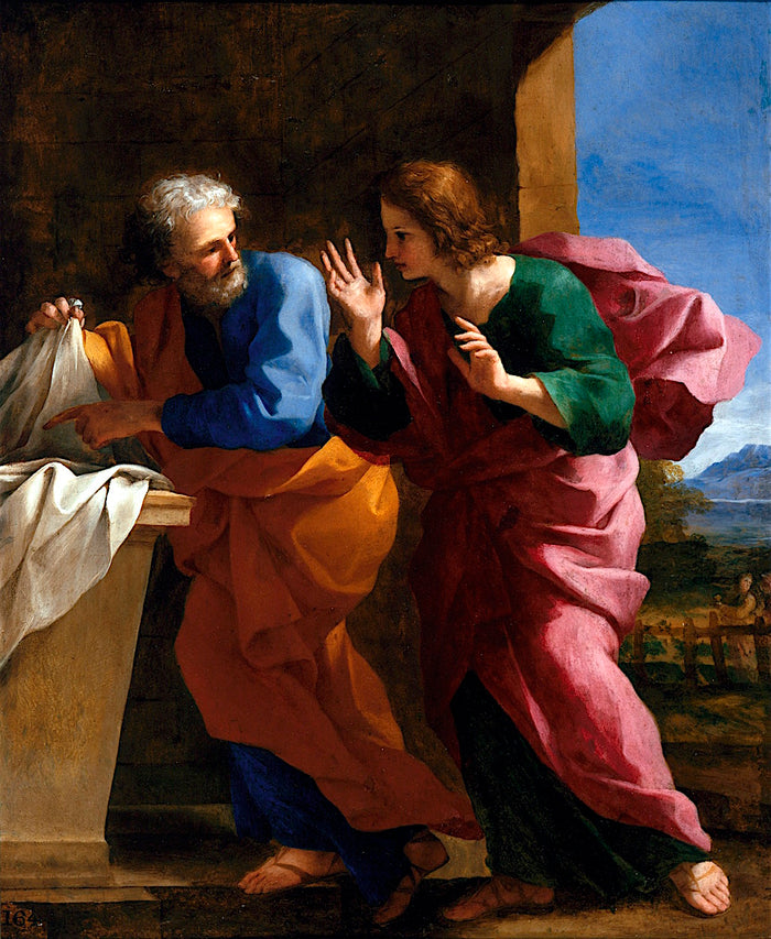 St. John and St. Peter at Christ's Tomb, vintage artwork by Giovanni Francesco Romanelli, 12x8