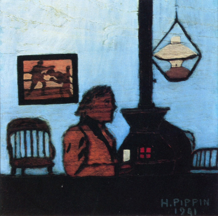 Man Seated near Stove, vintage artwork by Horace Pippin, 12x8