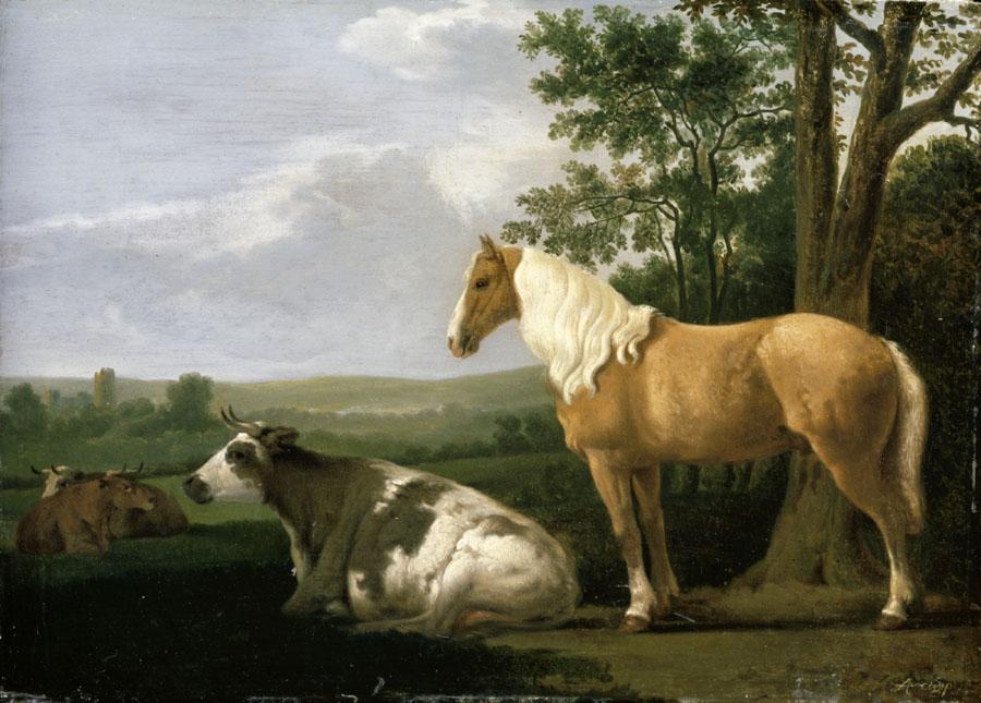 A Horse and Cows in a Landscape, vintage artwork by Abraham van Calraet, 12x8" (A4) Poster