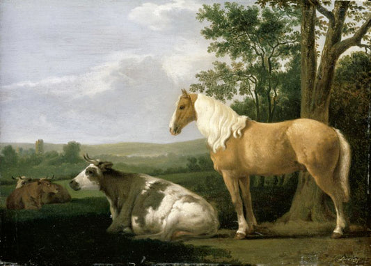 A Horse and Cows in a Landscape, vintage artwork by Abraham van Calraet, 12x8" (A4) Poster