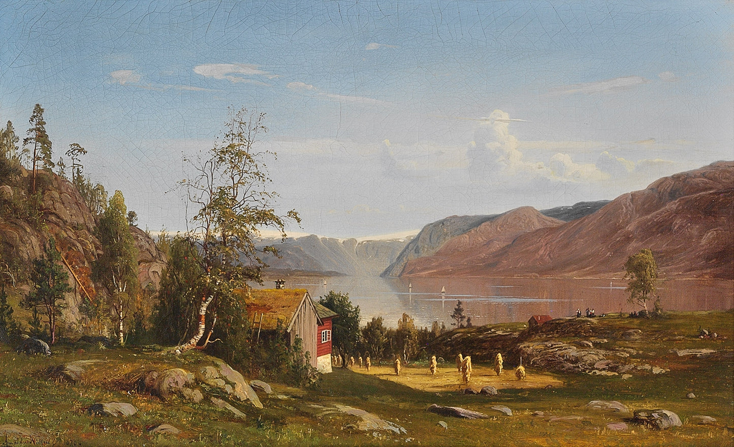 Fjord landscape with haystacks, vintage artwork by Amaldus Clarin Nielsen, 12x8" (A4) Poster