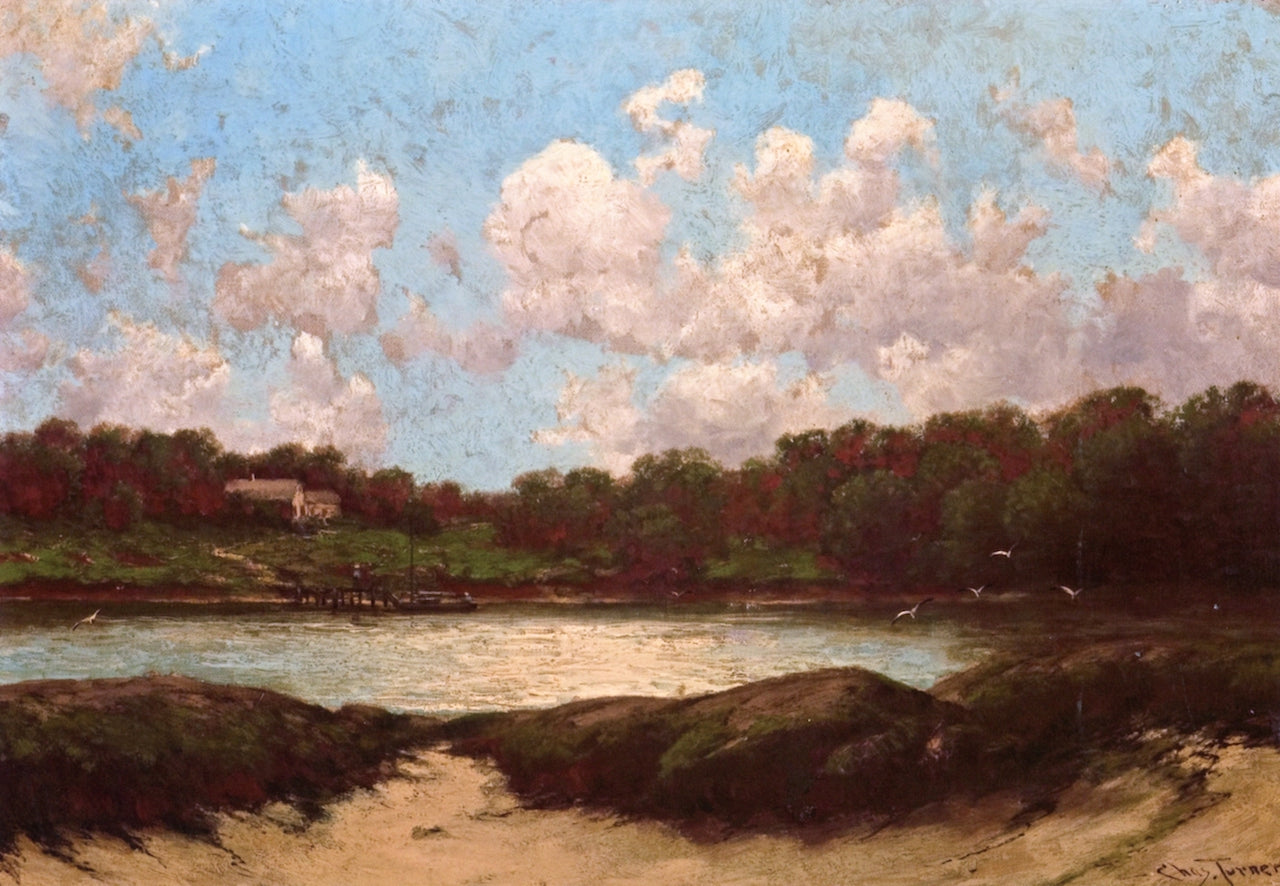 Cove with Sailboat and Figures at Dock by Julian Onderdonk,16x12(A3) Poster