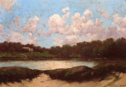 Cove with Sailboat and Figures at Dock by Julian Onderdonk,16x12(A3) Poster