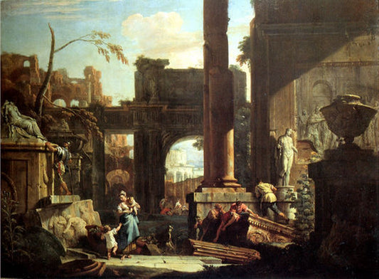 Classical Ruins and Figures, vintage artwork by Sebastiano Ricci, 12x8" (A4) Poster