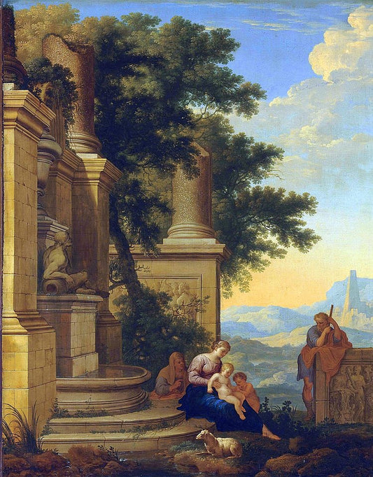 An Extensive Landscape with the Holy Family, Saint Anne and John the Baptist by  Classical Ruins, vintage artwork by Henri Mauperche, 12x8" (A4) Poster