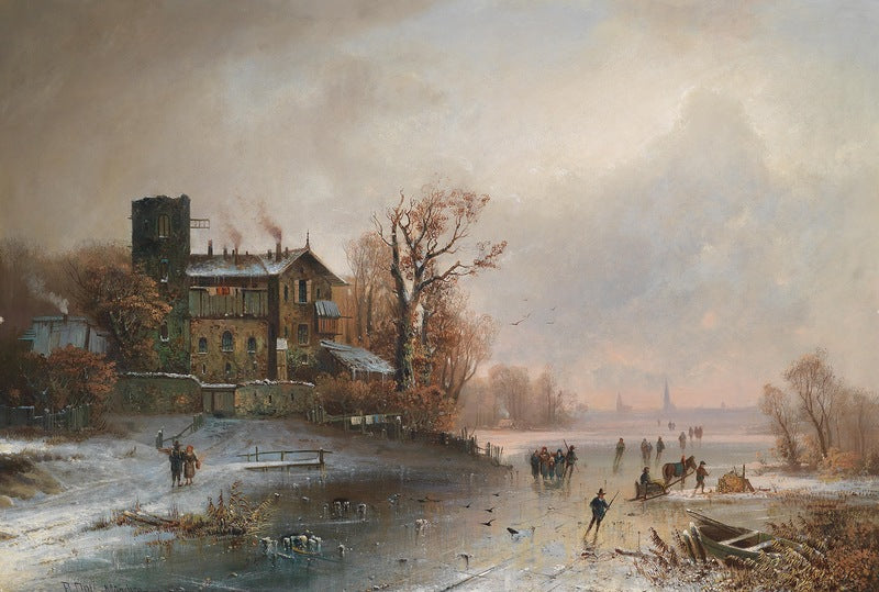 Winter Landscape with Ice Skaters, vintage artwork by Anton Doll, 12x8" (A4) Poster