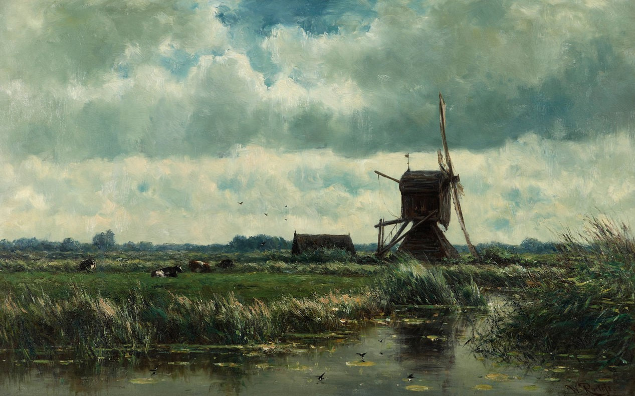 Polder Landscape with Windmill near Abcoude wikidata:Q24050742, vintage artwork by Willem Roelofs, 12x8" (A4) Poster