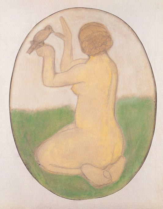 Kneeling woman with bird, vintage artwork by Paula Modersohn-Becker, 12x8" (A4) Poster