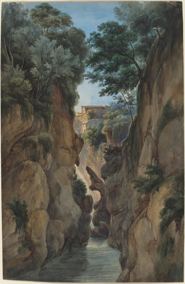 View of a Waterfall through a Ravine, vintage artwork by Attributed to Achille-Etna Michallon, A3 (16x12") Poster Print