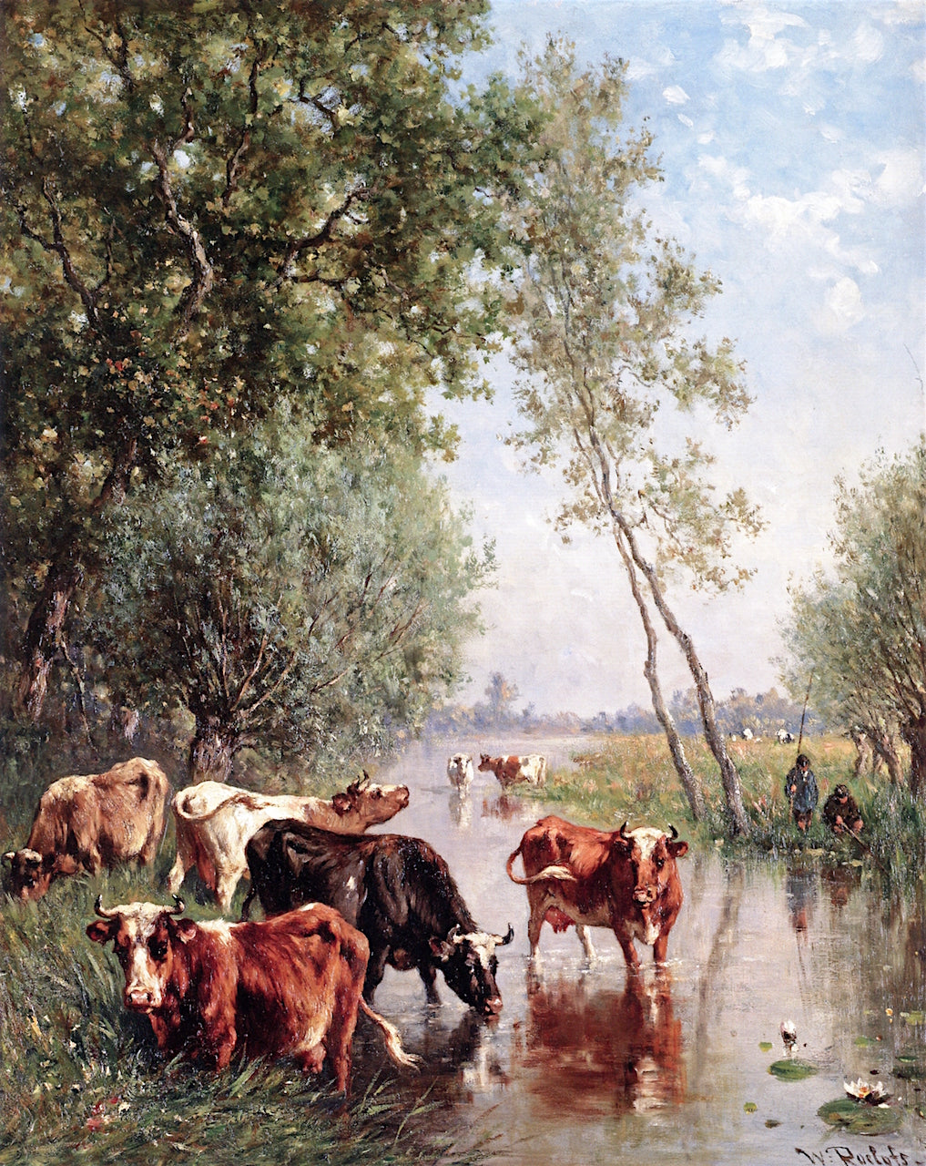 Watering Cows near the River Gein, Abcoude, vintage artwork by Willem Roelofs, 12x8" (A4) Poster