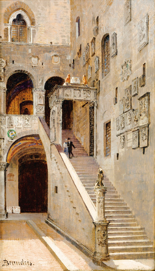 Staircase in the Inside Yard of Palazzo Vecchio in Florence, vintage artwork by Antonietta Brandeis, 12x8" (A4) Poster