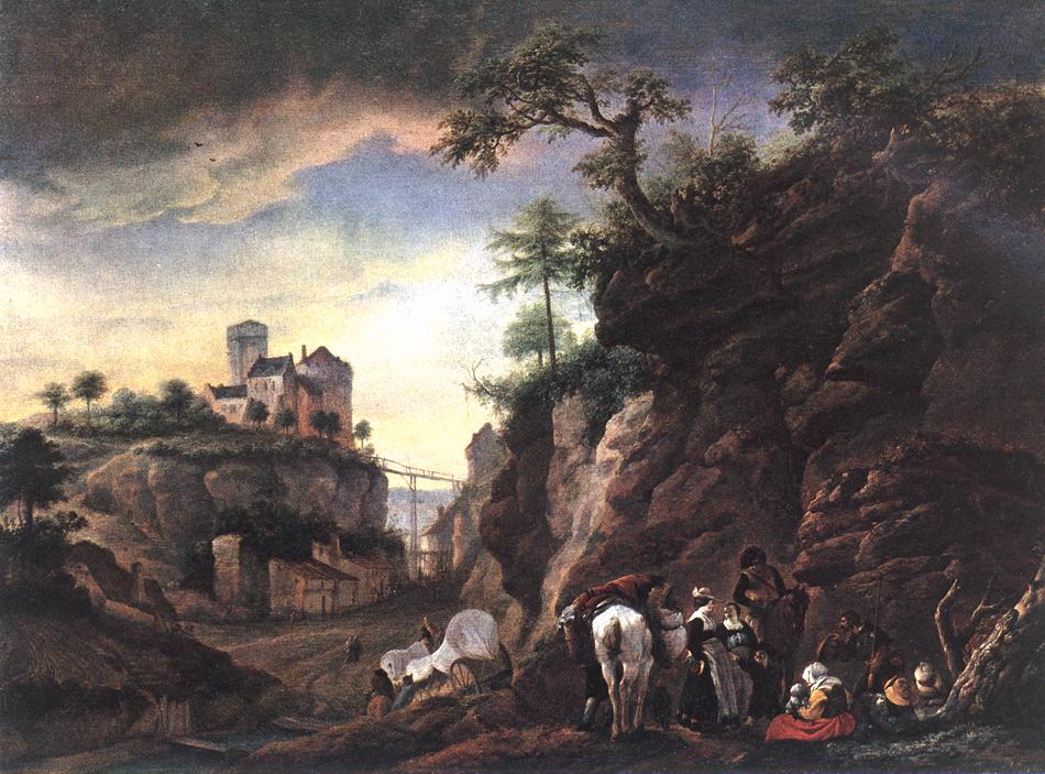 Rocky Landscape with resting Travellers, vintage artwork by Philips Wouwerman, 12x8" (A4) Poster