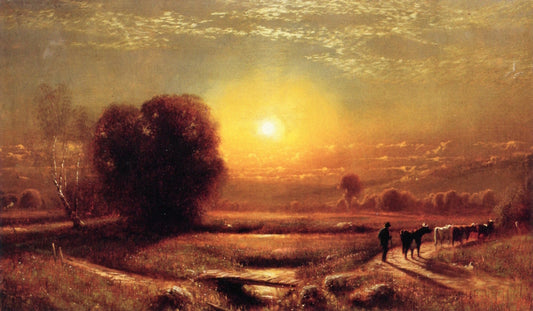 Sunset Landscape with Cows and Herder, vintage artwork by James Fairman, 12x8" (A4) Poster