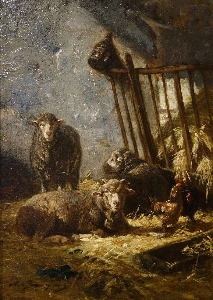 Sheep in a Stall, vintage artwork by Charles-Émile Jacque, A3 (16x12") Poster Print