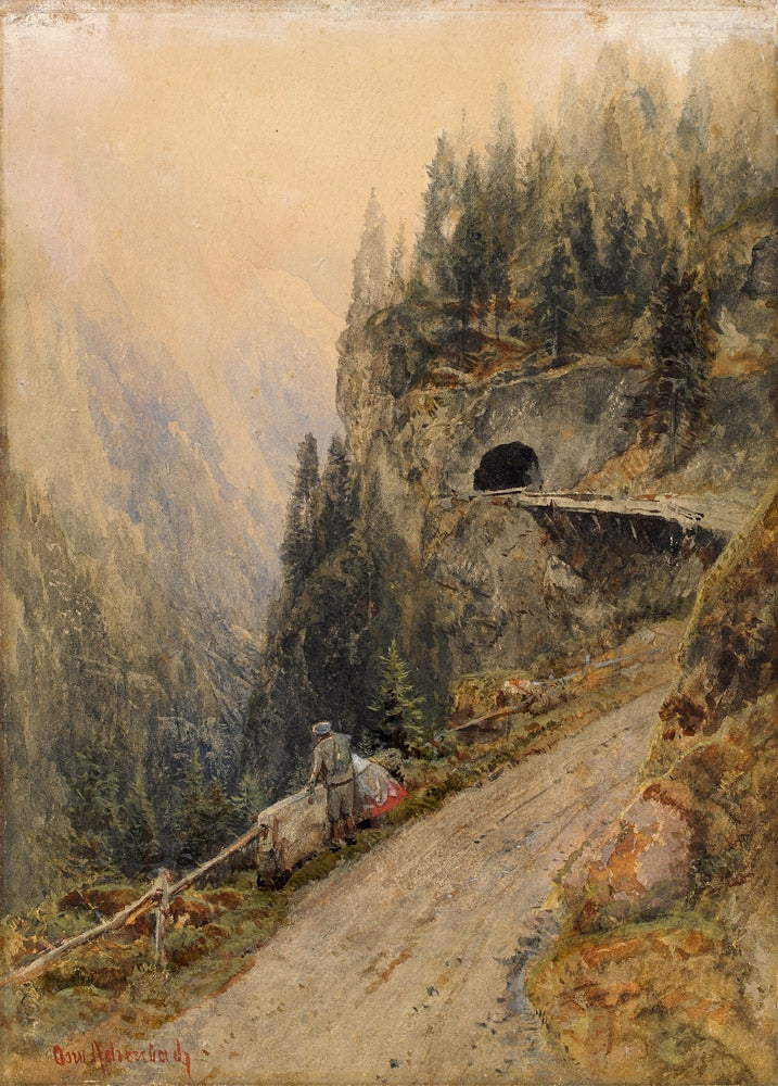 Hiker in the Swiss Alps, vintage artwork by Oswald Achenbach, 12x8" (A4) Poster
