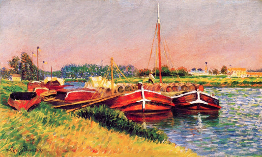 Barges on the Marne at Lagny, vintage artwork by Leo Gausson, 12x8" (A4) Poster