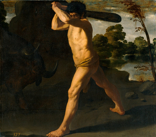 Hercules Fighting the Cretan Bull, vintage artwork by Francisco de Zurbarán, 12x8" (A4) Poster