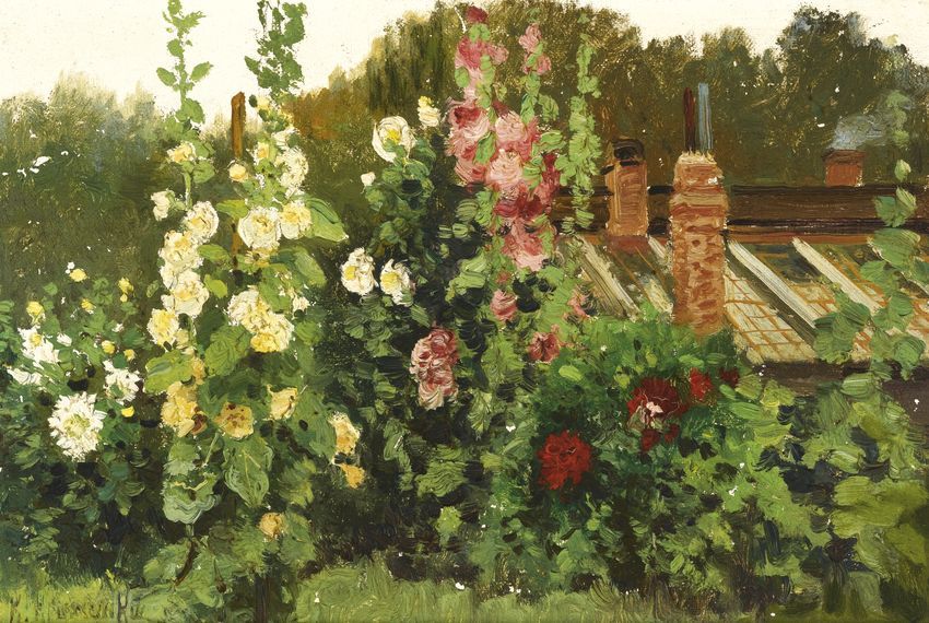 Hollyhocks, vintage artwork by Konstantin Kryzhitsky, 12x8" (A4) Poster