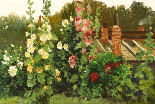 Hollyhocks, vintage artwork by Konstantin Kryzhitsky, 12x8" (A4) Poster