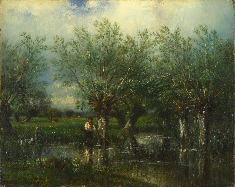 Willows with a Man Fishing, vintage artwork by Jules Dupre, A3 (16x12") Poster Print