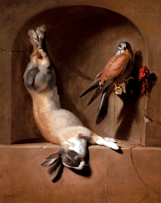 Still Life with Dead Hare and Falcon in a Niche, vintage artwork by Dirck de Bray, 12x8" (A4) Poster