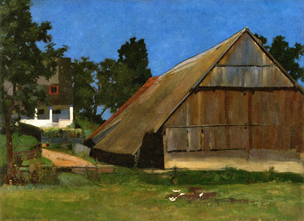 Landscape with Shed and Farmer's House, vintage artwork by Hans Emmenegger, 12x8" (A4) Poster