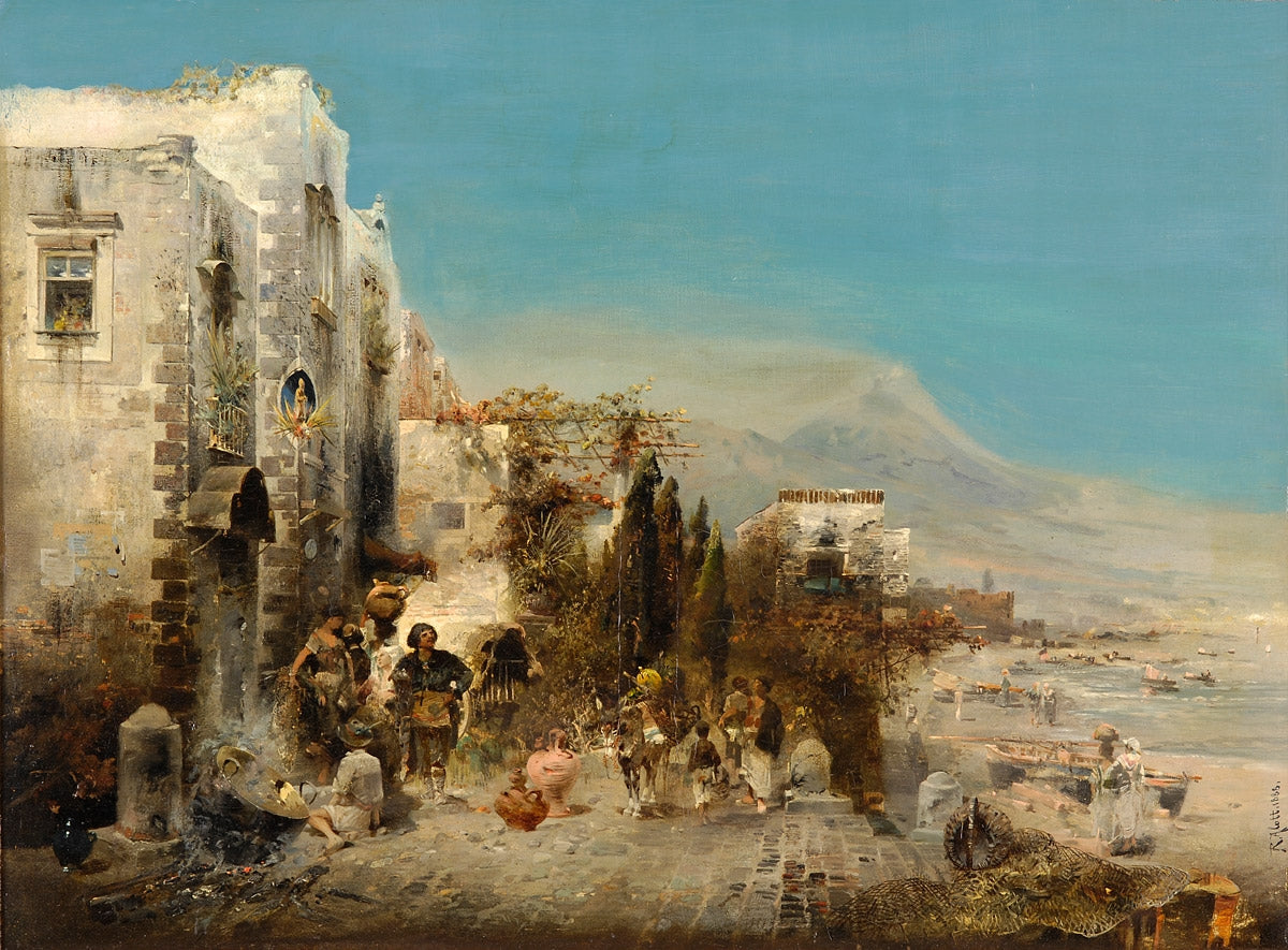 Bustle on the Beach in Naples, vintage artwork by Robert Alott, 12x8" (A4) Poster