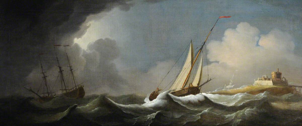 Shipping in a Stormy Sea off a Castle, vintage artwork by Peter Monamy, 12x8" (A4) Poster