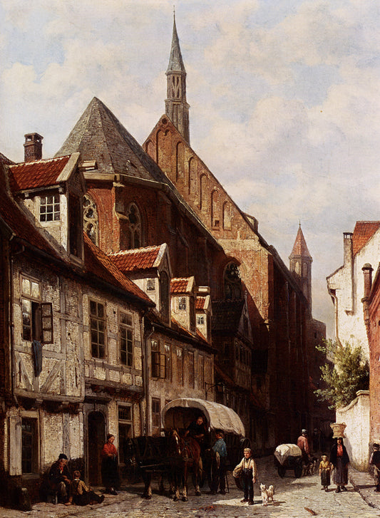 A Busy Street In Bremen With The Saint Johann Church In The Background, vintage artwork by Cornelis Springer, A3 (16x12") Poster Print