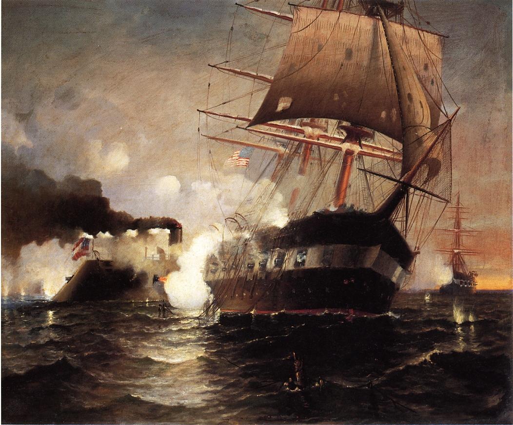 Sinking of the "Cumberland" by  the "Merrimack", vintage artwork by Edward Moran, 12x8" (A4) Poster