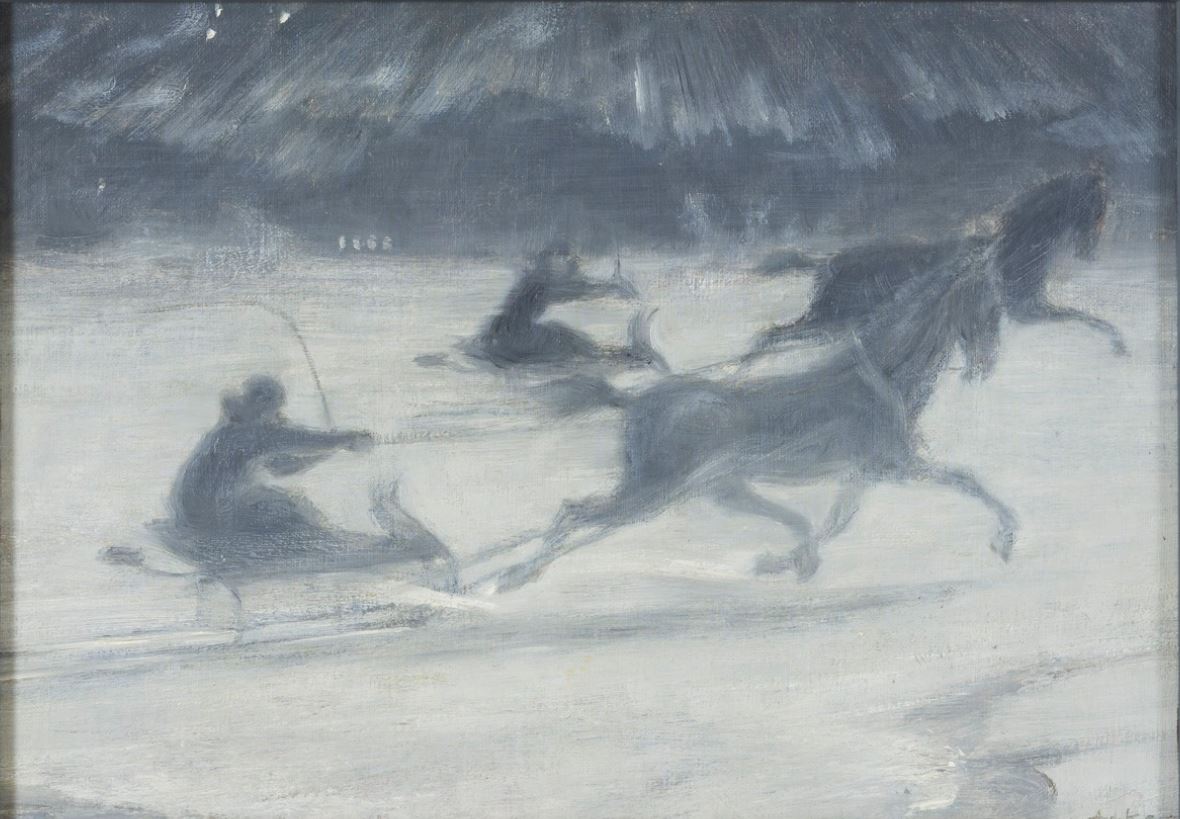 Sleighing on the Ice, vintage artwork by Johan Axel Gustaf Acke, 12x8" (A4) Poster